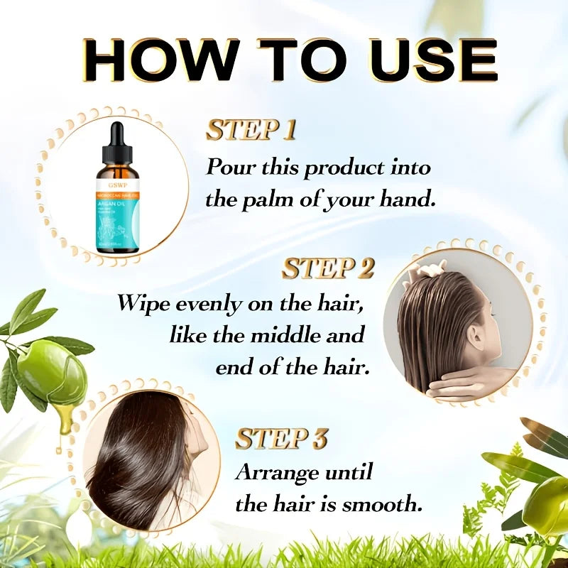 GSWP Argan Oil Hair Care Essential Oil, Deeply Hydrating, Tames Frizz, Leaves Hair Silky Smooth, Repairs Split Ends. 60ml/120ml