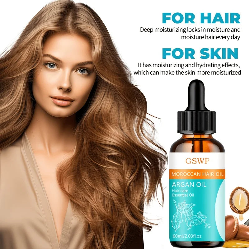GSWP Argan Oil Hair Care Essential Oil, Deeply Hydrating, Tames Frizz, Leaves Hair Silky Smooth, Repairs Split Ends. 60ml/120ml