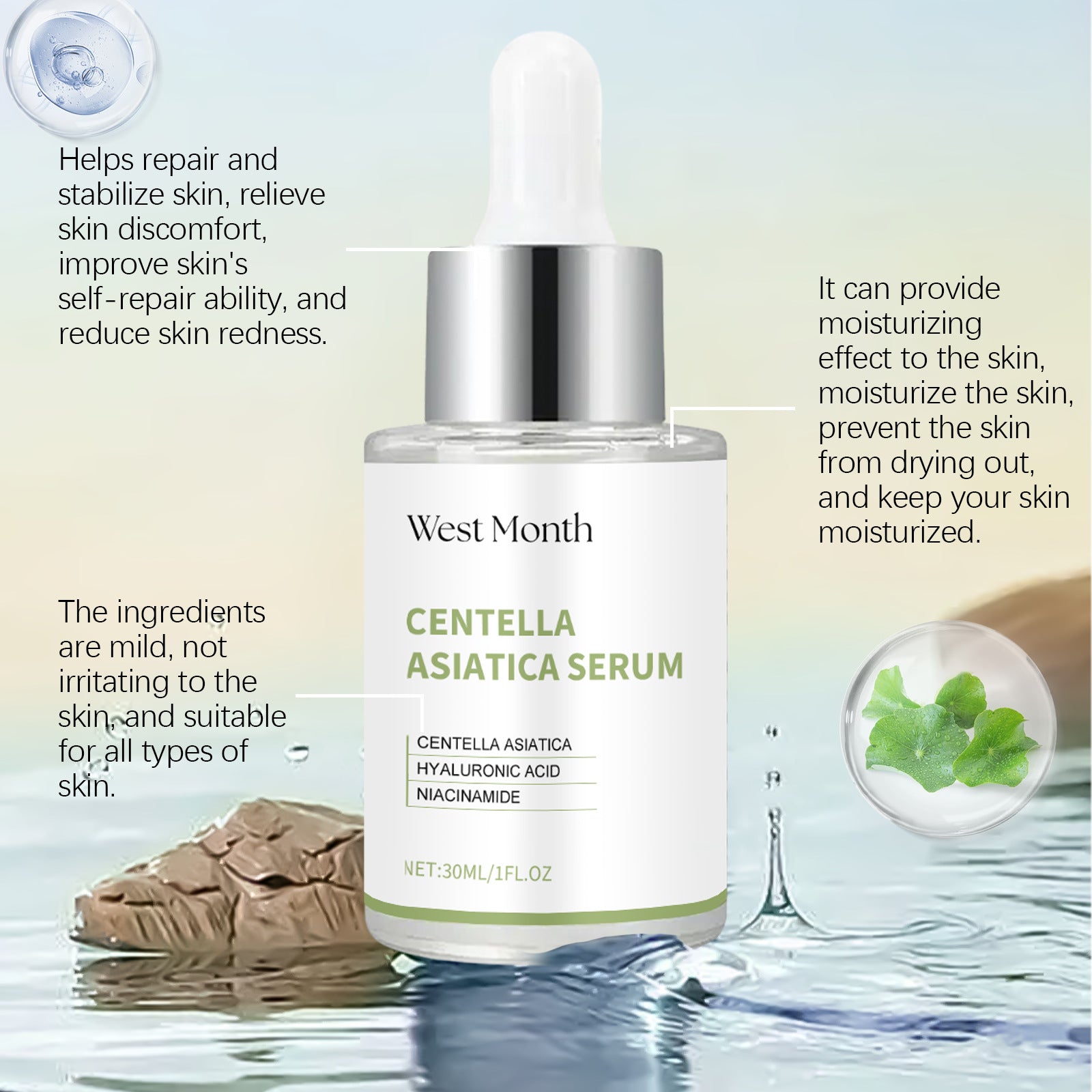 Centella Asiatica Facial Serum Moisturizing Nourish Repairing Dry Skin Smoothing Rejuvenation Soothing Brightening Beauty Health