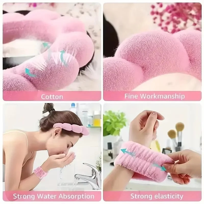 7-piece makeup and face wash beauty set, including 3 headband sets, 1 cosmetic bag, 2 face wash brushes and 1 powder puff
