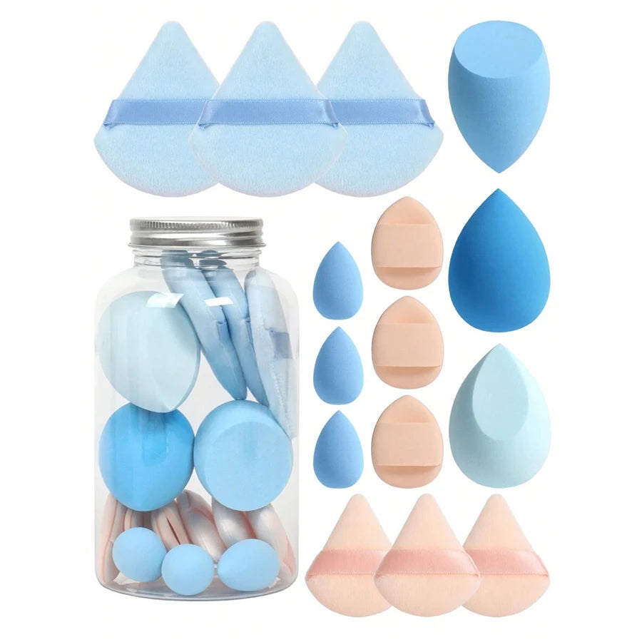 Set of 15 makeup sponges with storage container: 3 beauty blenders, 3 mini beauty blenders, 3 powder puffs, 3 mini powder puffs,