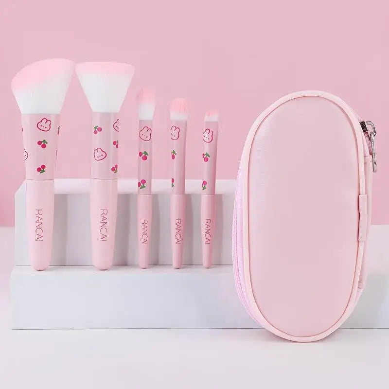【5Pcs Cute Compact Makeup Brush Set With Case Premium Brush For Flawless Foundation, Blush, Eyeshadow Application Beauty Tools】