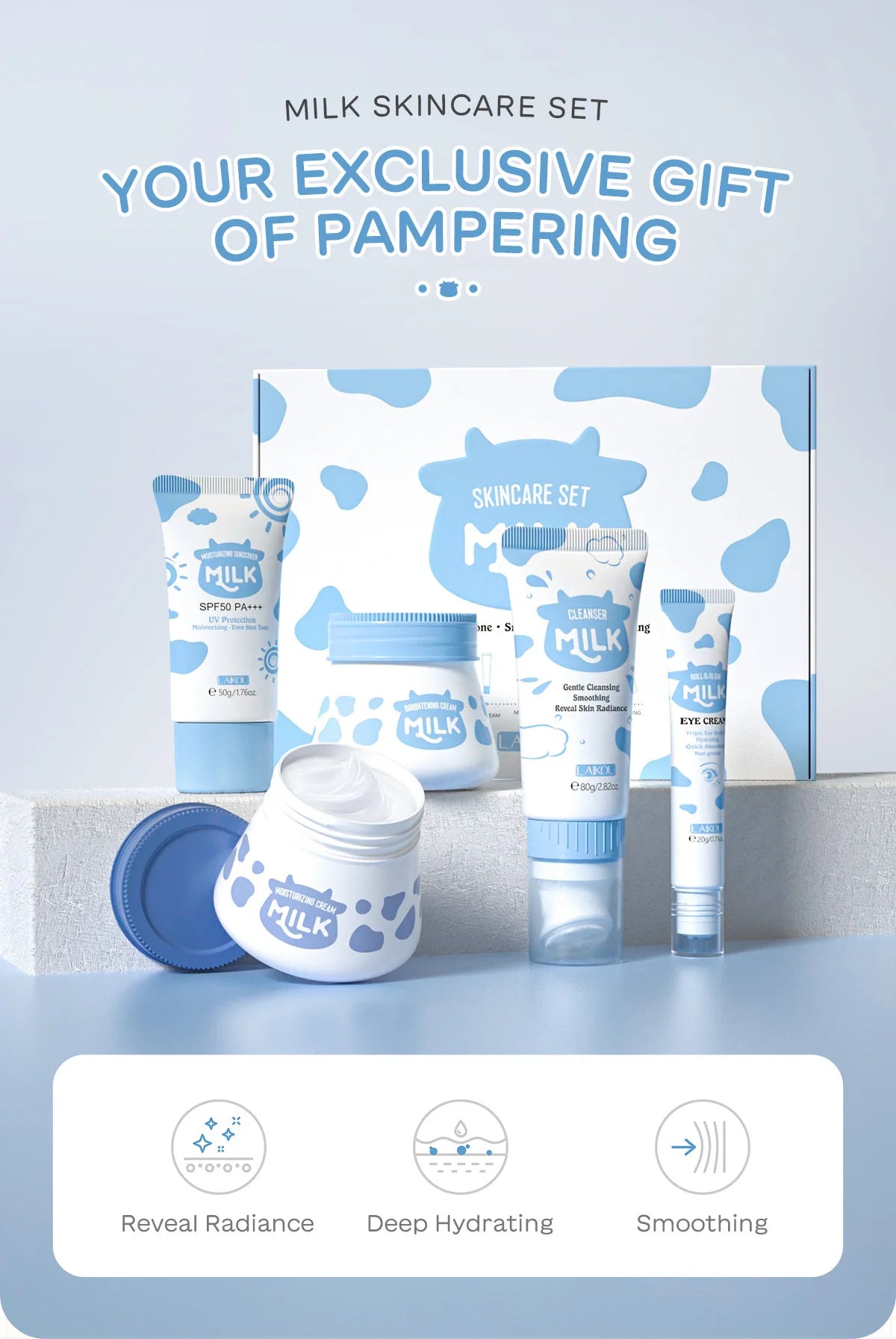 Brightening Milk Skincare 5 Piece Set Nourishing Cleanser Eye Cream Moisturizing Sunscreen Wrinkle Care