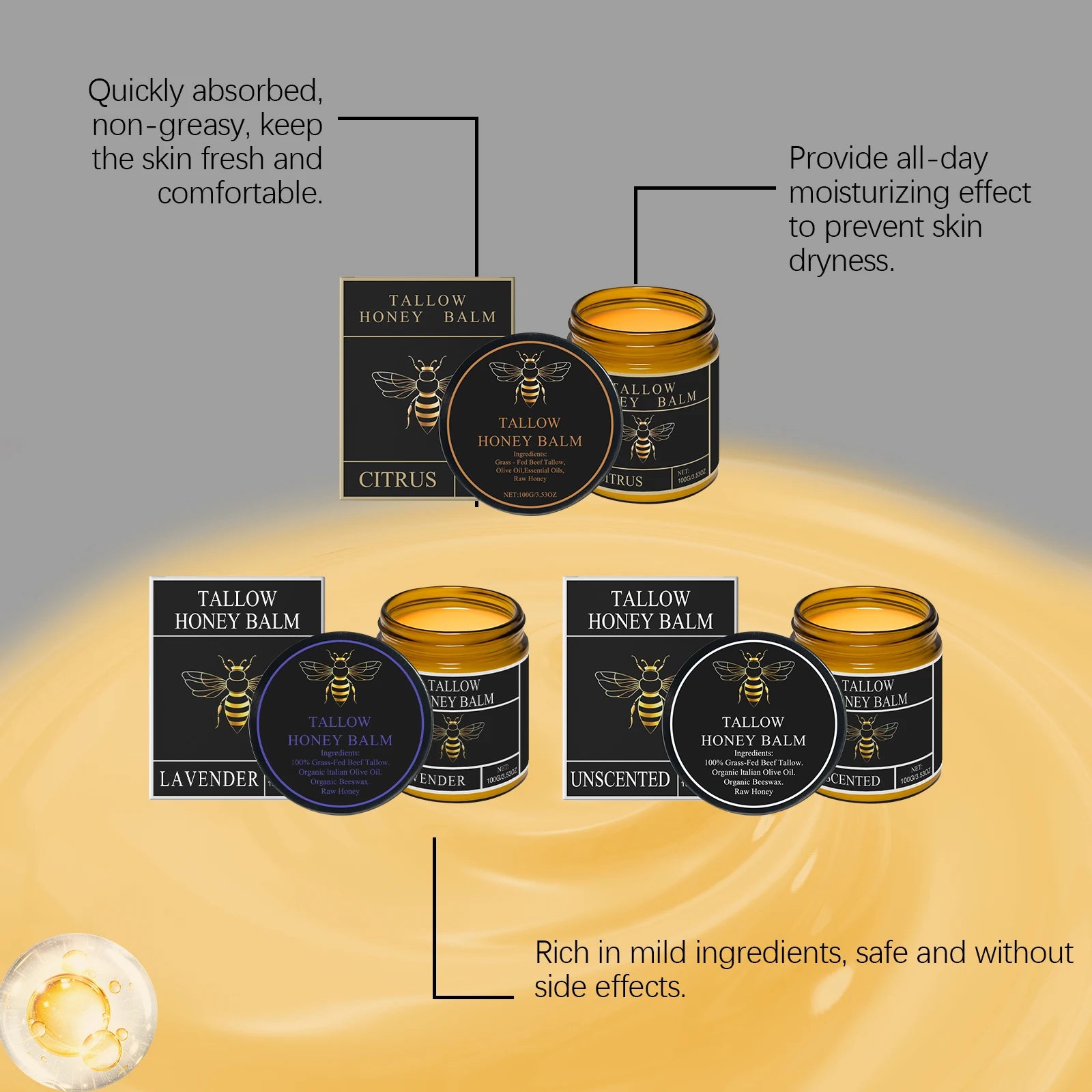 Beef Tallow Face Cream Organic Raw Honey Balm Skin Care Brightening Grass-Fed Natural Whipped Body Moisturizer Hydrating Lotion
