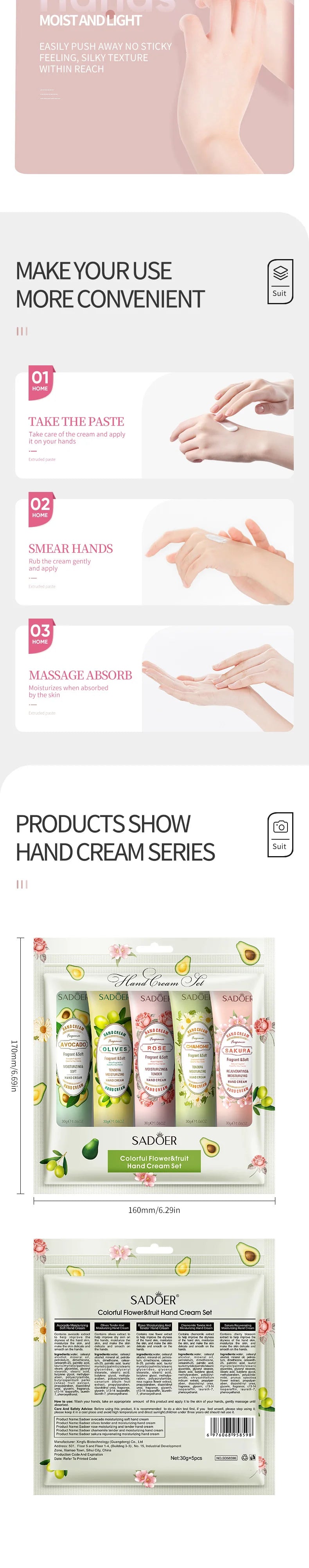 5Pcs/set Fruit Plant Fragrance Hand Cream Sets Moisturizing Repair Anti Dry Hand Lotion Sets Hands Skin Care Products