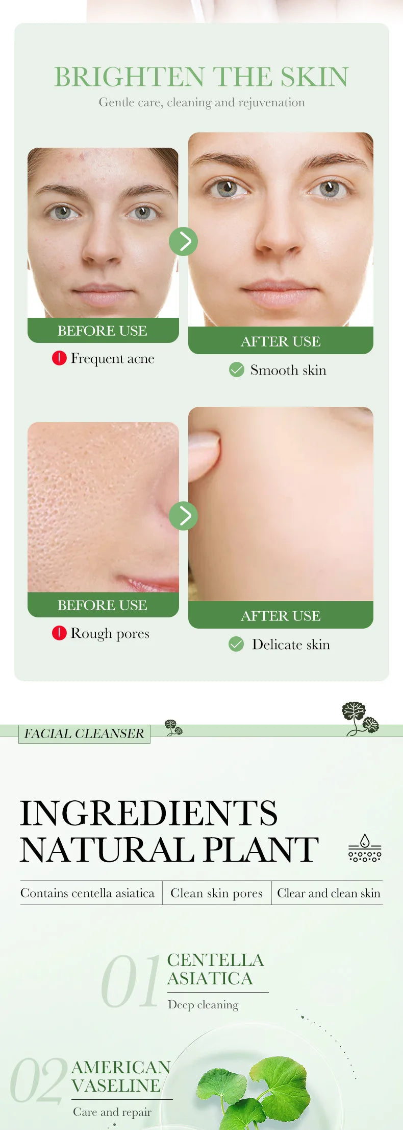 BIOAQUA Centella Asiatica Facial Cleanser Moisturizing Oil Control Face Cleansing Face Wash Foam Facial Cleanser Skin Care