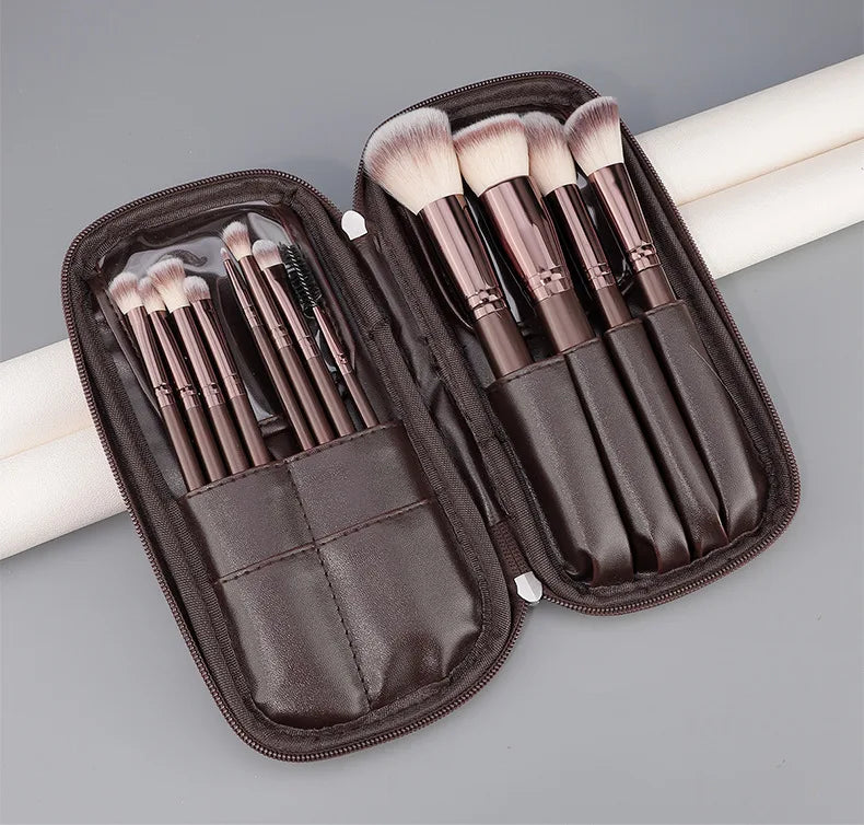 12 brown PU bags, makeup brush sets, soft loose powder, foundation brush,eyeshadow brush, beauty tools. makeup brush set make up