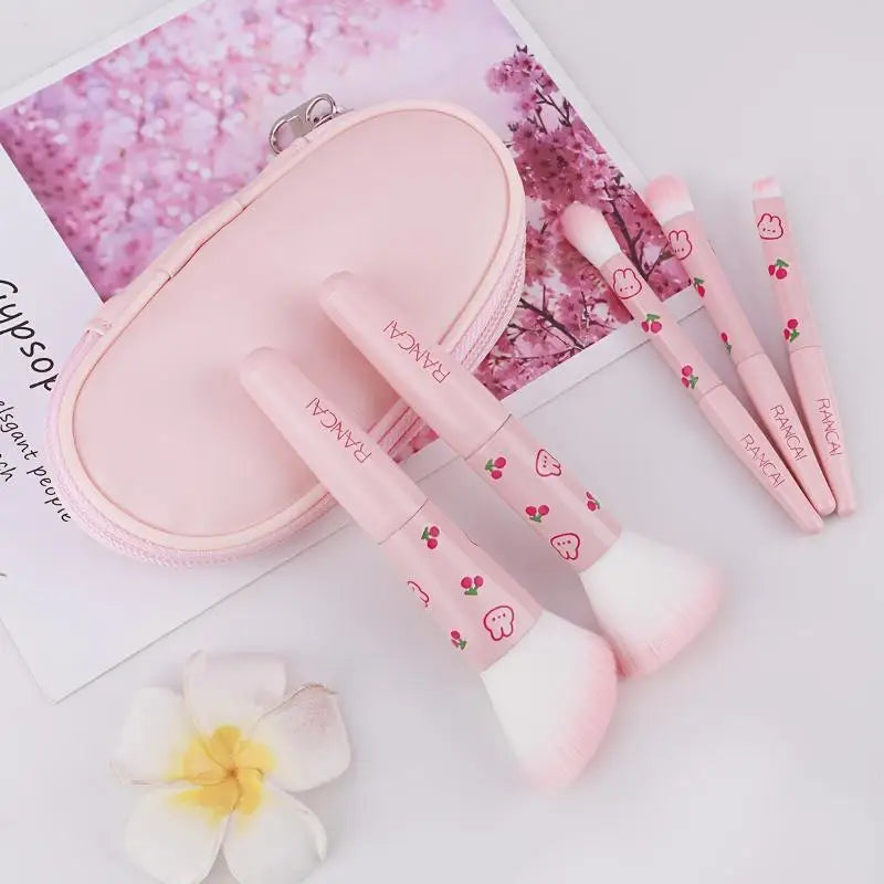 【5Pcs Cute Compact Makeup Brush Set With Case Premium Brush For Flawless Foundation, Blush, Eyeshadow Application Beauty Tools】