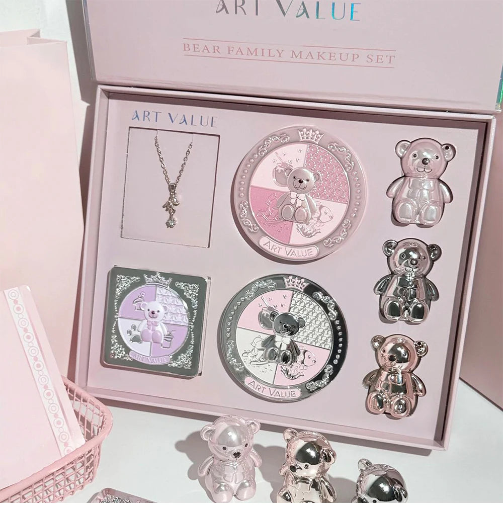 ART VALUE 7PC Makeup Sets Include 3 Colors Matte Lip Mud,1 Pressed Powder,1 Blush,1 Eyes Palette,1 Necklace Beauty Makeup Sets
