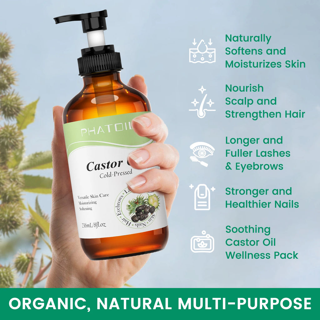 PHATOIL Organic Castor Oil Cold Pressed 100% 118ml/236ml Castor Oils For Hair Growth,Eyelashes & Eyebrows,Moisturizing Skin Care