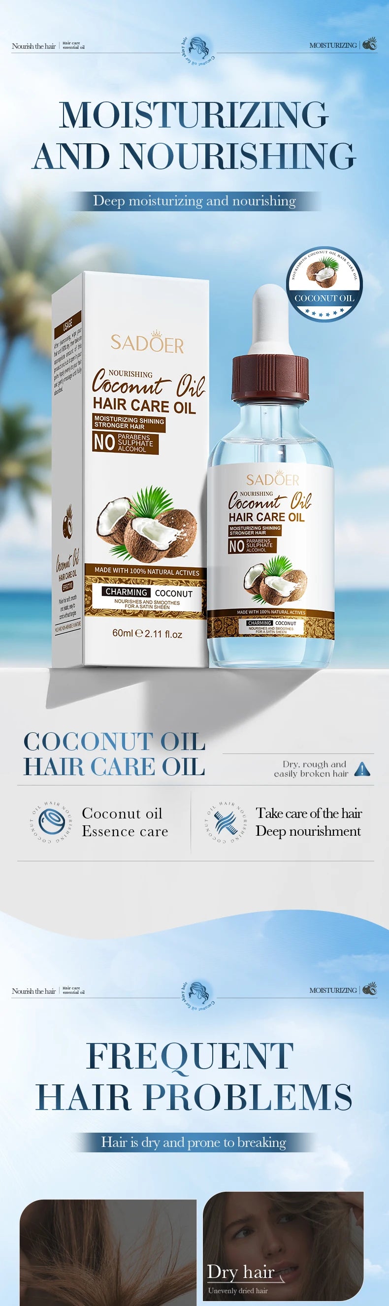 SADOER Coconut Hair Care Oil Hair Essence Repair Dry Damaged Hair Smooth Nourishing Moisturizing Treatments for Hair