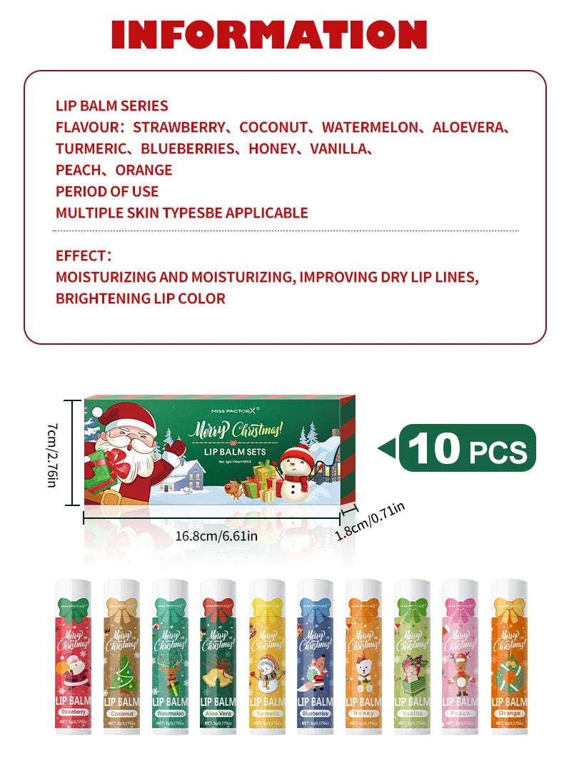 10PCS/Box Christmas gift box, lip balm set, deeply hydrating lip moisturizer, lip color brighten, gift to women