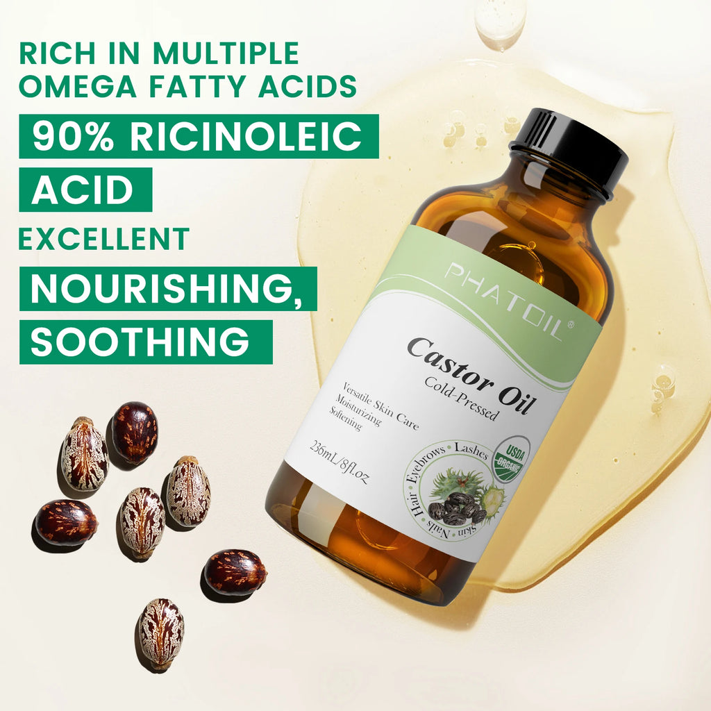 PHATOIL Organic Castor Oil Cold Pressed 100% 118ml/236ml Castor Oils For Hair Growth,Eyelashes & Eyebrows,Moisturizing Skin Care