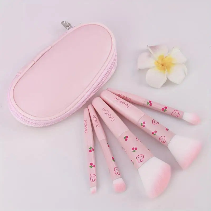 5pcs Cute Compact Makeup Brush Set With Case Premium Brush For Flawless Foundation, Blush, Eyeshadow Application Beauty Tools