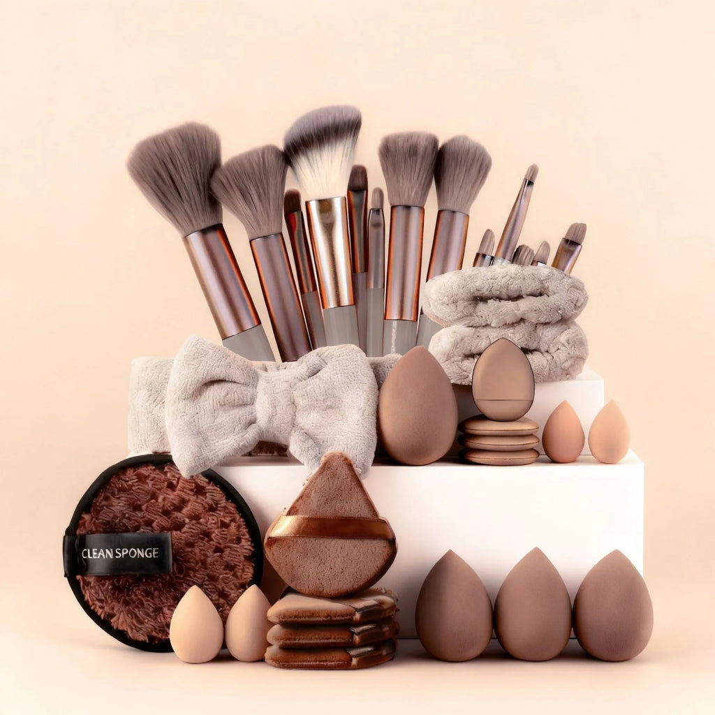 33-piece set: Soft skin-friendly powder puffs, makeup brushes, flocked puffs, water-drop beauty blenders, headbands