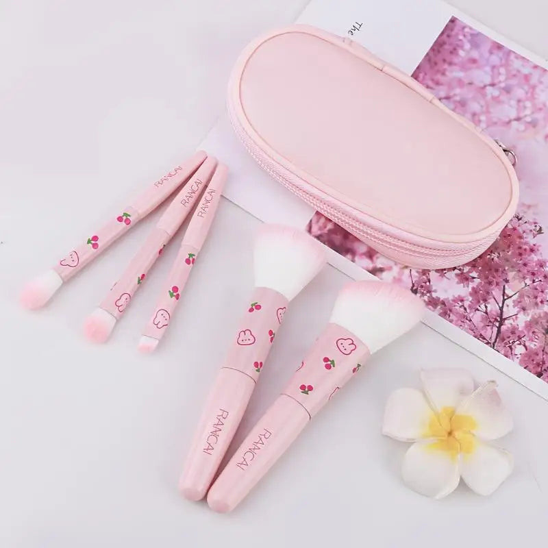 Z. 5pcs Cute Compact Makeup Brush Set With Case Premium Brush For Flawless Foundation, Blush, Eyeshadow Application Beauty Tools