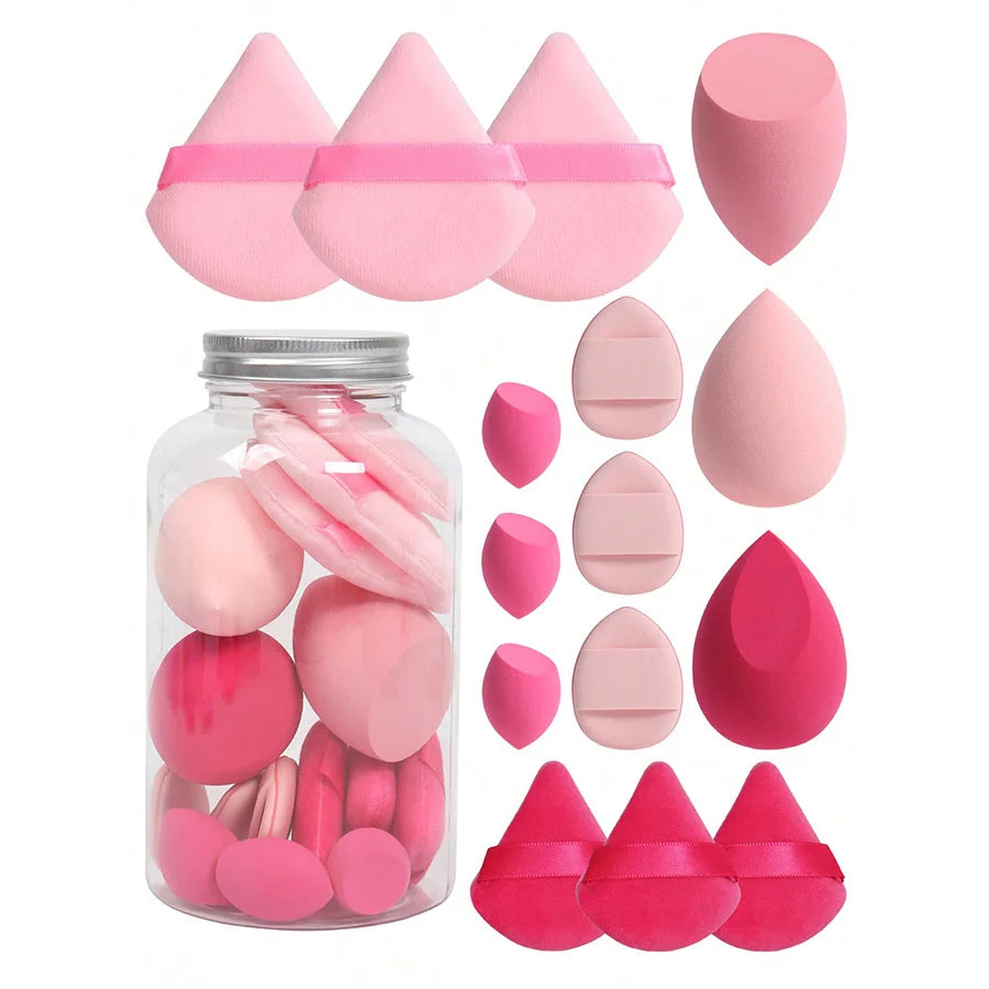 Set of 15 makeup sponges with storage container: 3 beauty blenders, 3 mini beauty blenders, 3 powder puffs, 3 mini powder puffs,