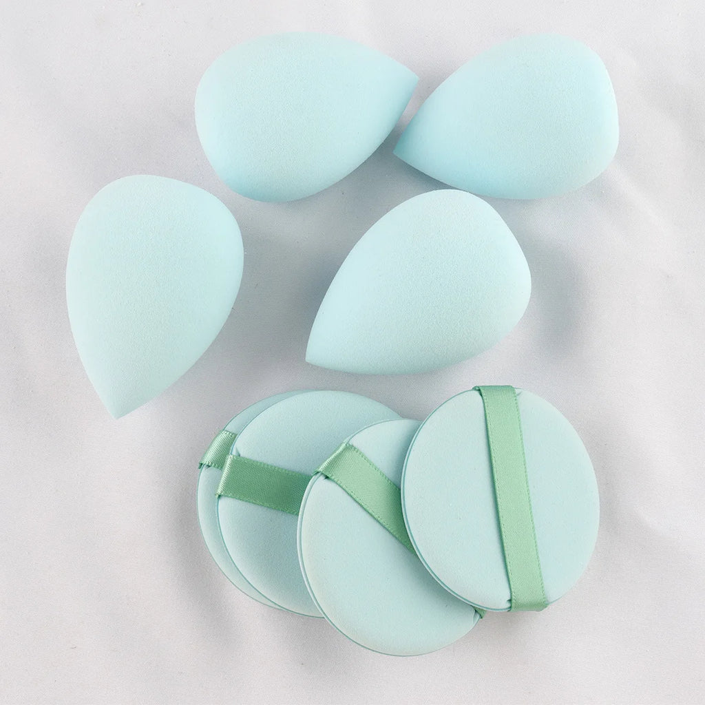Multi piece set of beauty tools, blue hair with water droplets, powder puff, skin friendly, soft makeup brush, complete set