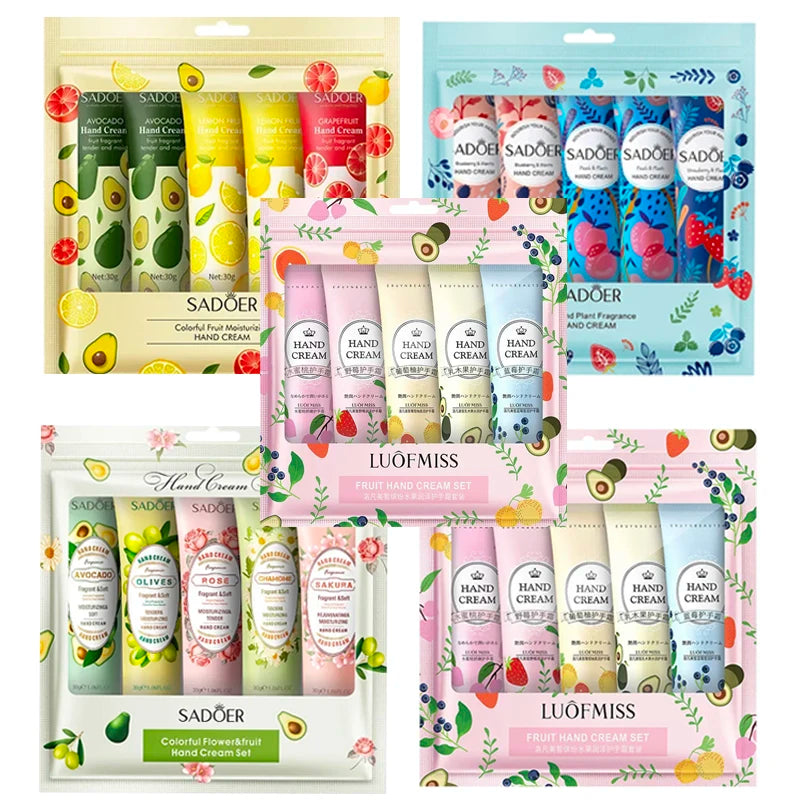 5Pcs/set Fruit Plant Fragrance Hand Cream Sets Moisturizing Repair Anti Dry Hand Lotion Sets Hands Skin Care Products