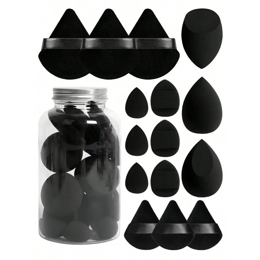 Set of 15 makeup sponges with storage container: 3 beauty blenders, 3 mini beauty blenders, 3 powder puffs, 3 mini powder puffs,