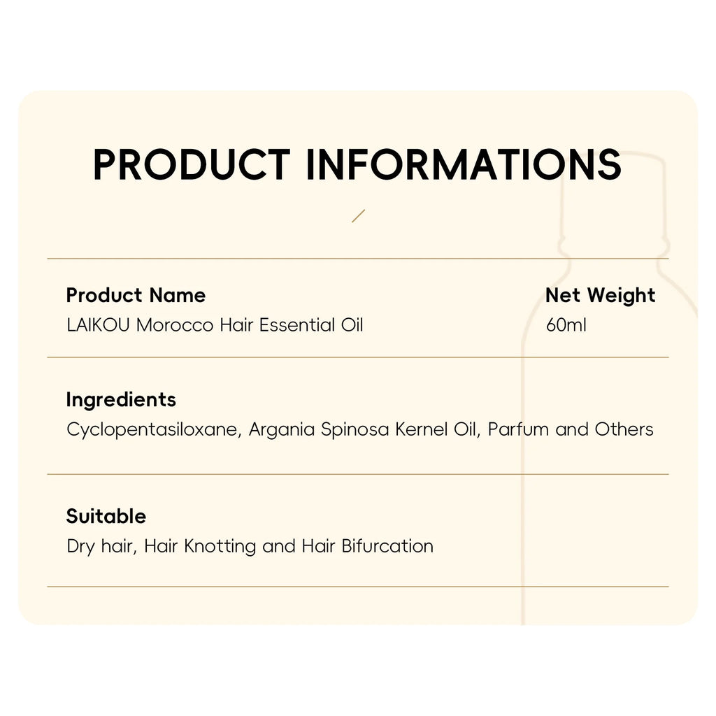 Laikou Morocco Hair Essential Oil 60ml Repair Damaged Hair Anti Frizz Nourishing Smoothing Argan Oil For All Hair Types