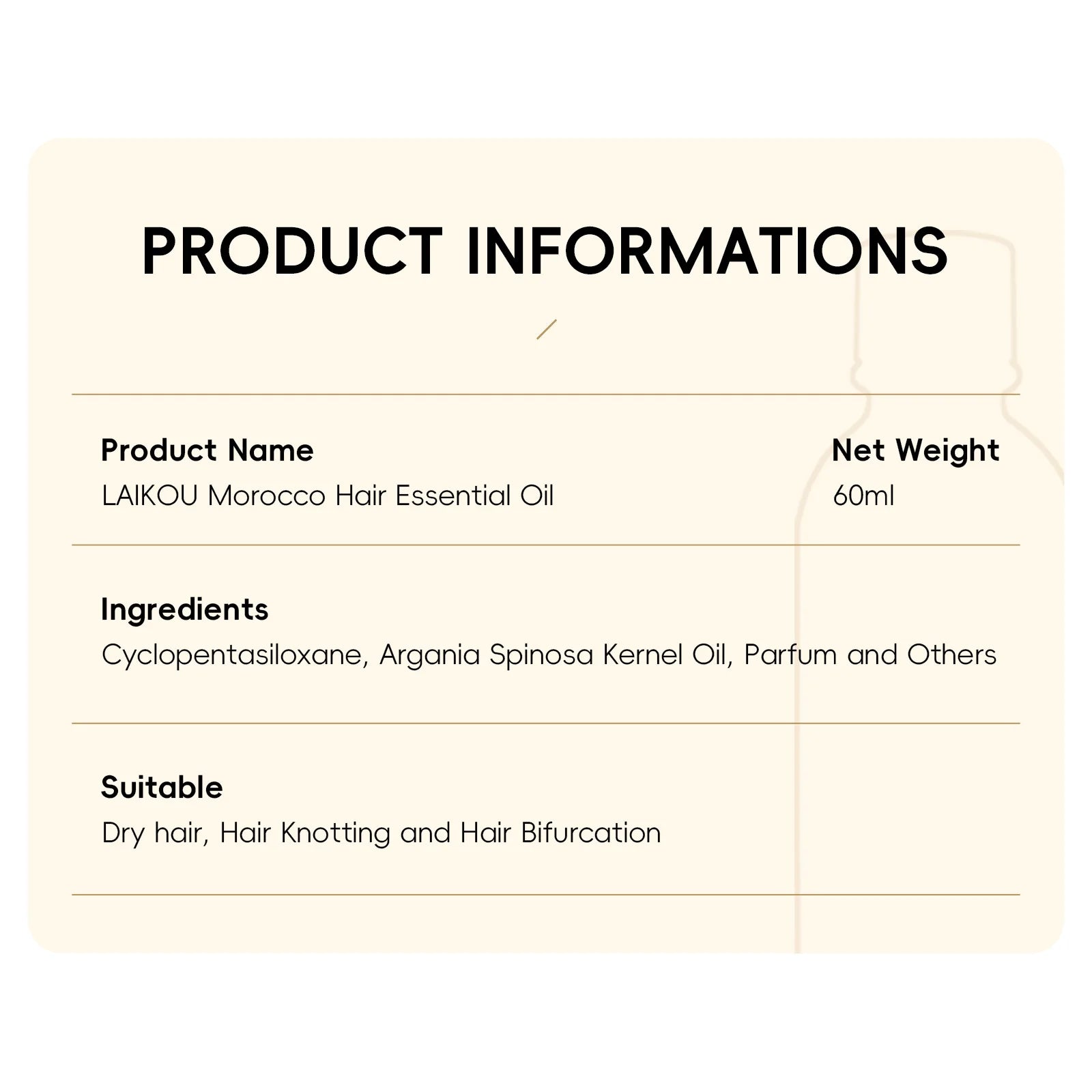 Laikou Morocco Hair Essential Oil 60ml Repair Damaged Hair Anti Frizz Nourishing Smoothing Argan Oil For All Hair Types