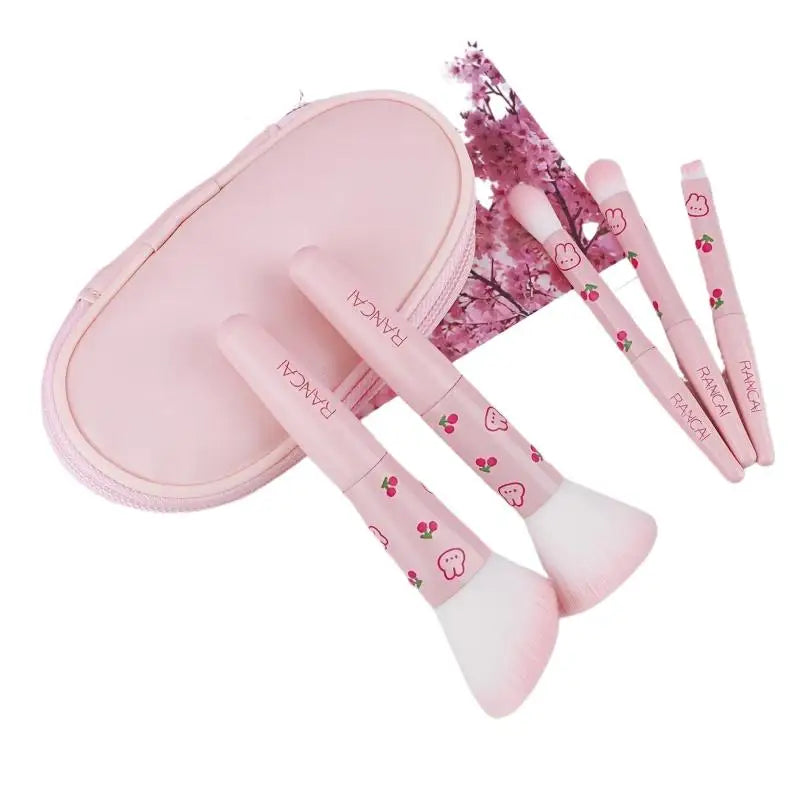 【5Pcs Cute Compact Makeup Brush Set With Case Premium Brush For Flawless Foundation, Blush, Eyeshadow Application Beauty Tools】