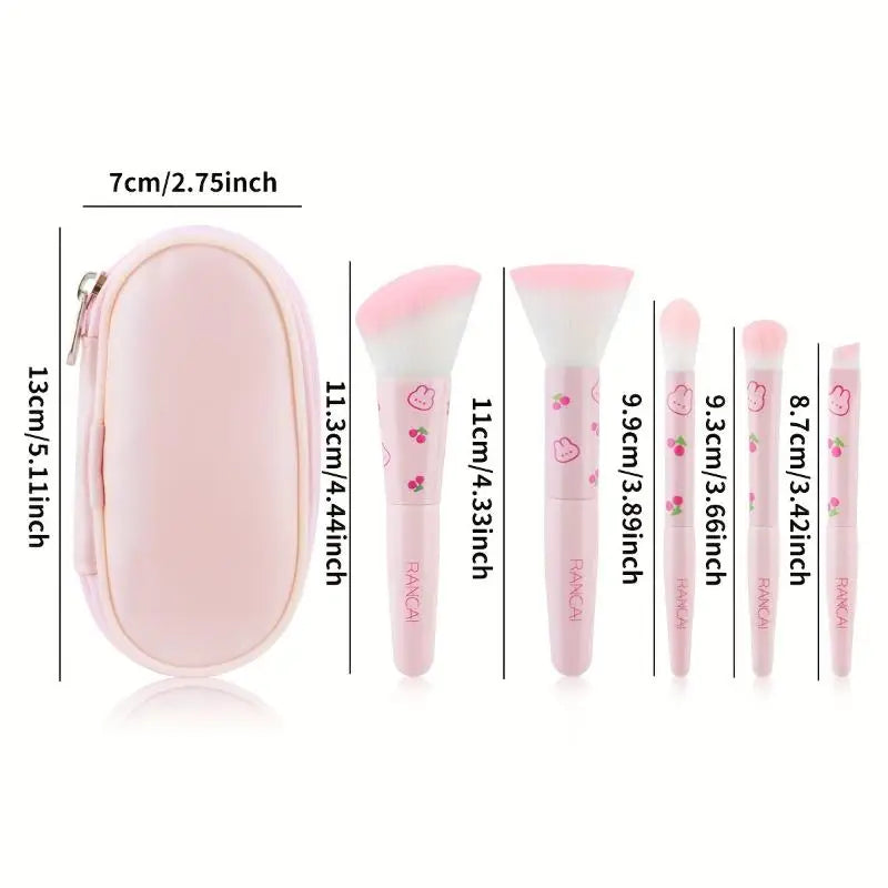 Z. 5pcs Cute Compact Makeup Brush Set With Case Premium Brush For Flawless Foundation, Blush, Eyeshadow Application Beauty Tools