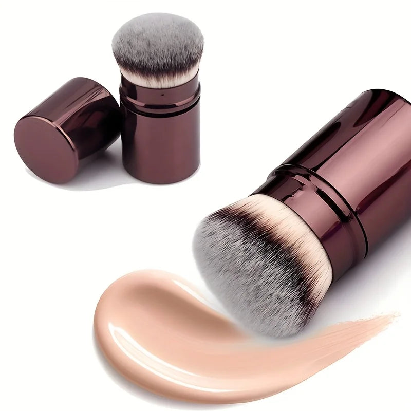 1 Professional Facial Brush with a Round Head and Retractable Handle, Makeup Brush, Blush Brush, Foundation Brush, Loose Powder Brush, Synthetic Bristles, Ultra-Soft Setting Brush for Liquid Cosmetics, Kabuki Foundation Brush