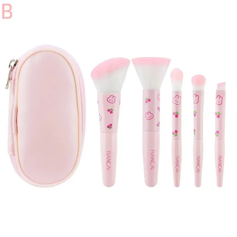 Z. 5pcs Cute Compact Makeup Brush Set With Case Premium Brush For Flawless Foundation, Blush, Eyeshadow Application Beauty Tools
