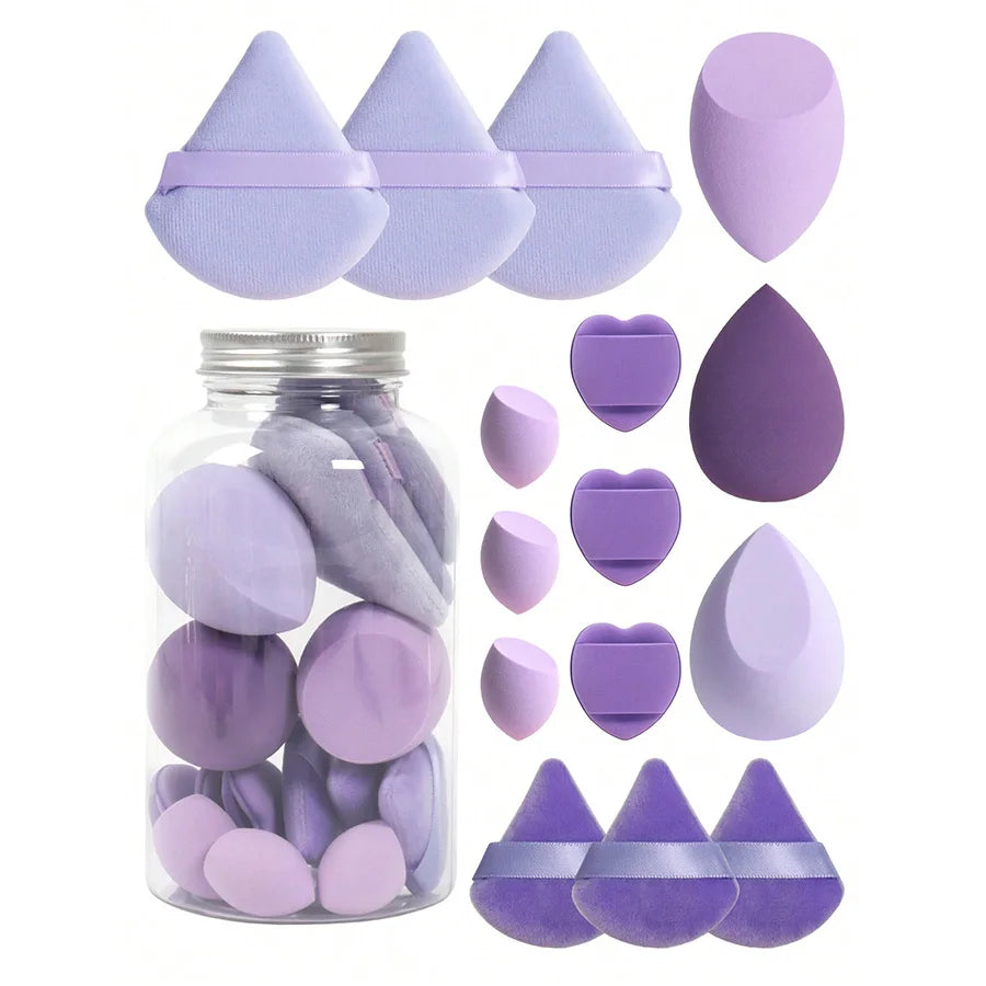 Set of 15 makeup sponges with storage container: 3 beauty blenders, 3 mini beauty blenders, 3 powder puffs, 3 mini powder puffs,