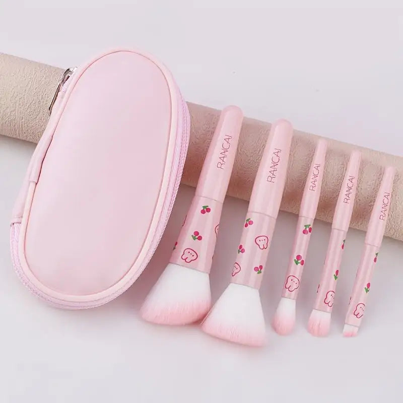 Z. 5pcs Cute Compact Makeup Brush Set With Case Premium Brush For Flawless Foundation, Blush, Eyeshadow Application Beauty Tools