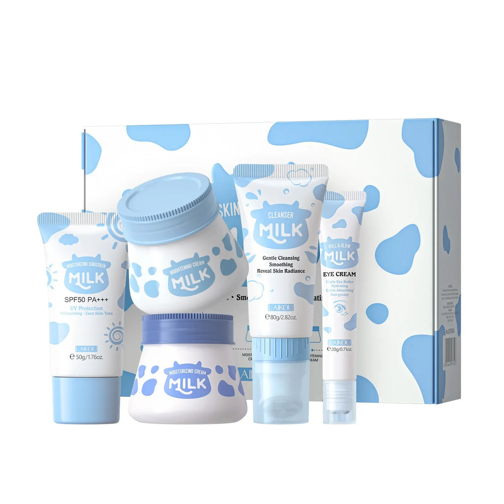 Brightening Milk Skincare 5 Piece Set Nourishing Cleanser Eye Cream Moisturizing Sunscreen Wrinkle Care