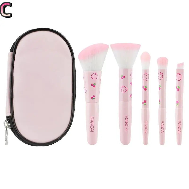 Z. 5pcs Cute Compact Makeup Brush Set With Case Premium Brush For Flawless Foundation, Blush, Eyeshadow Application Beauty Tools