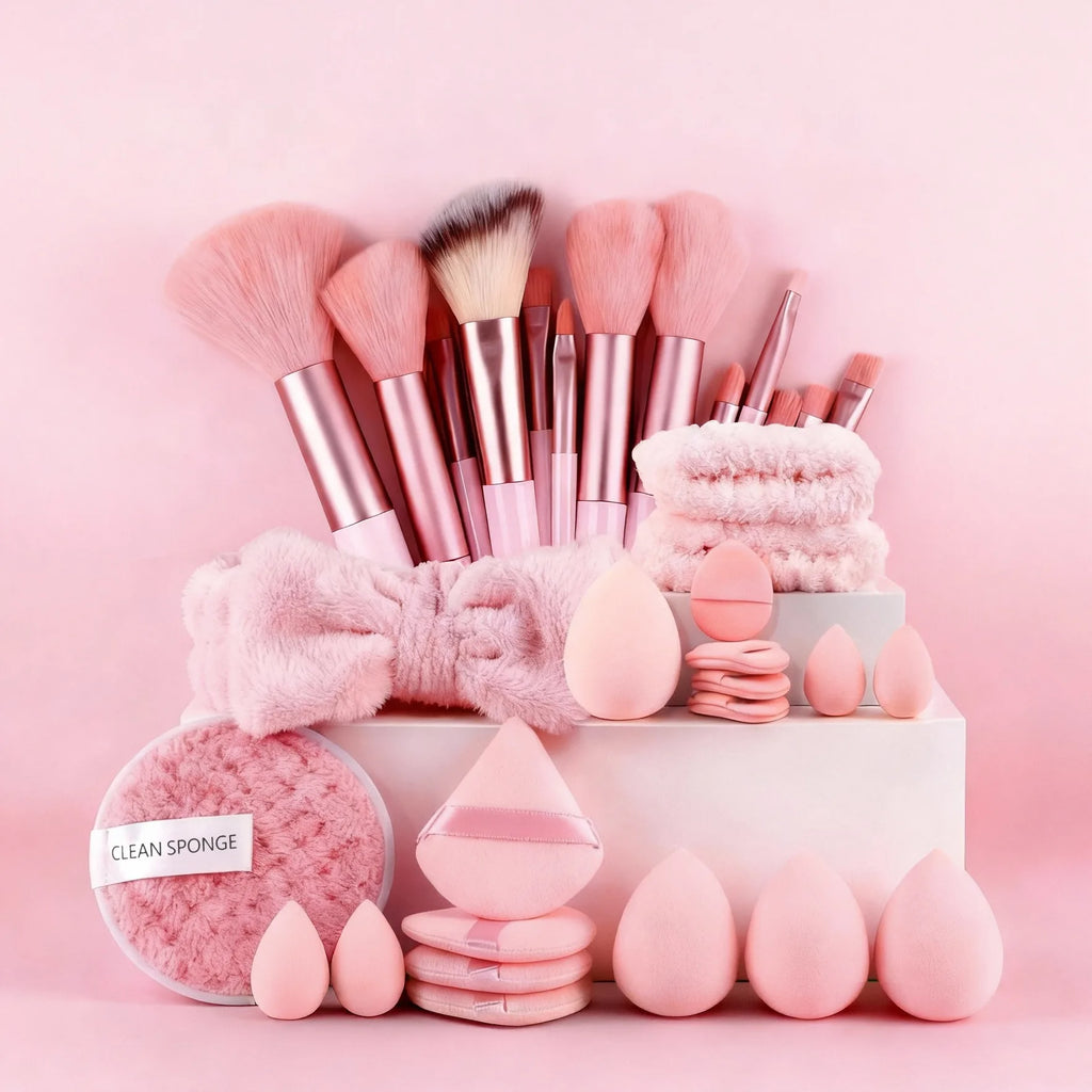 33-piece set: Soft skin-friendly powder puffs, makeup brushes, flocked puffs, water-drop beauty blenders, headbands