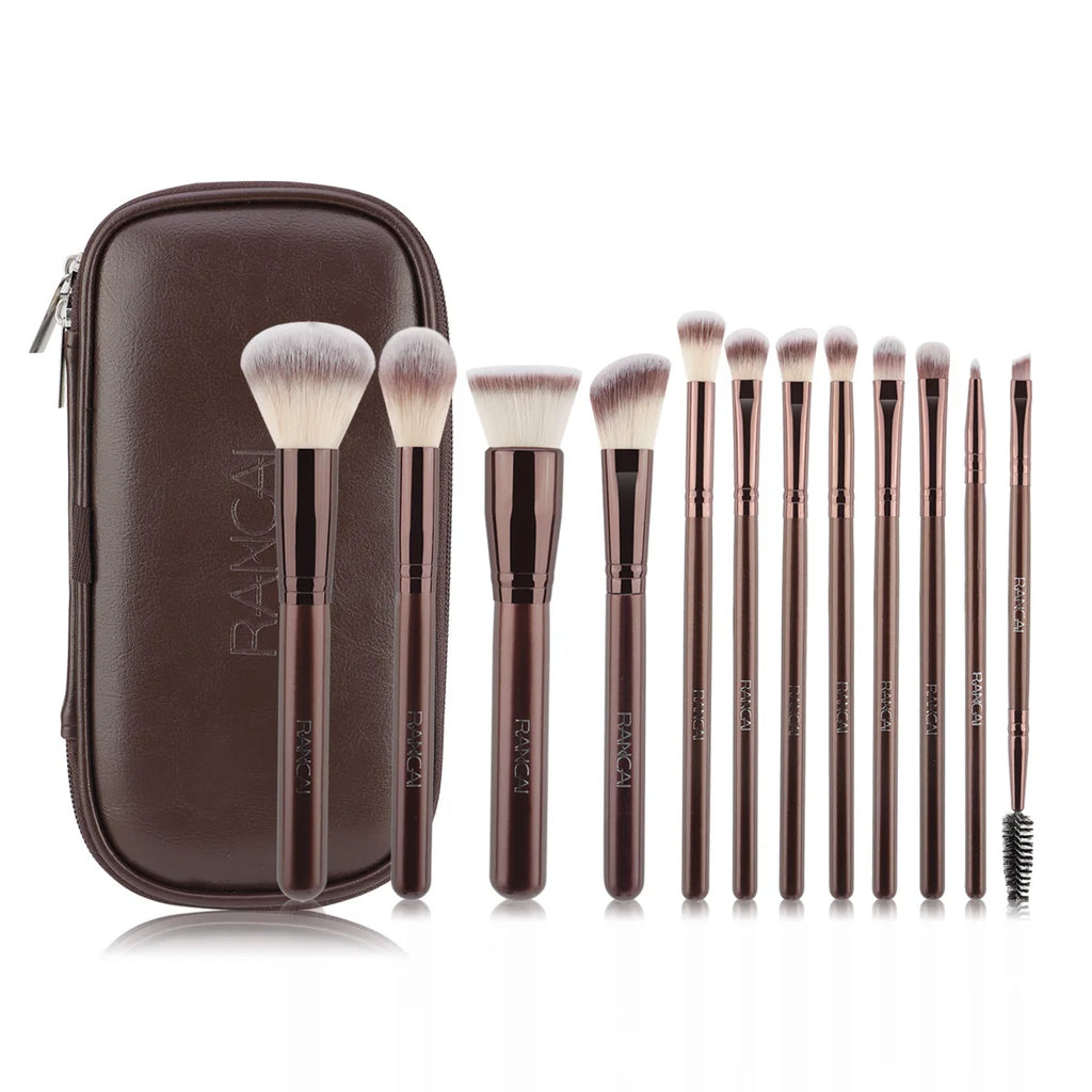 12 brown PU bags, makeup brush sets, soft loose powder, foundation brush,eyeshadow brush, beauty tools. makeup brush set make up