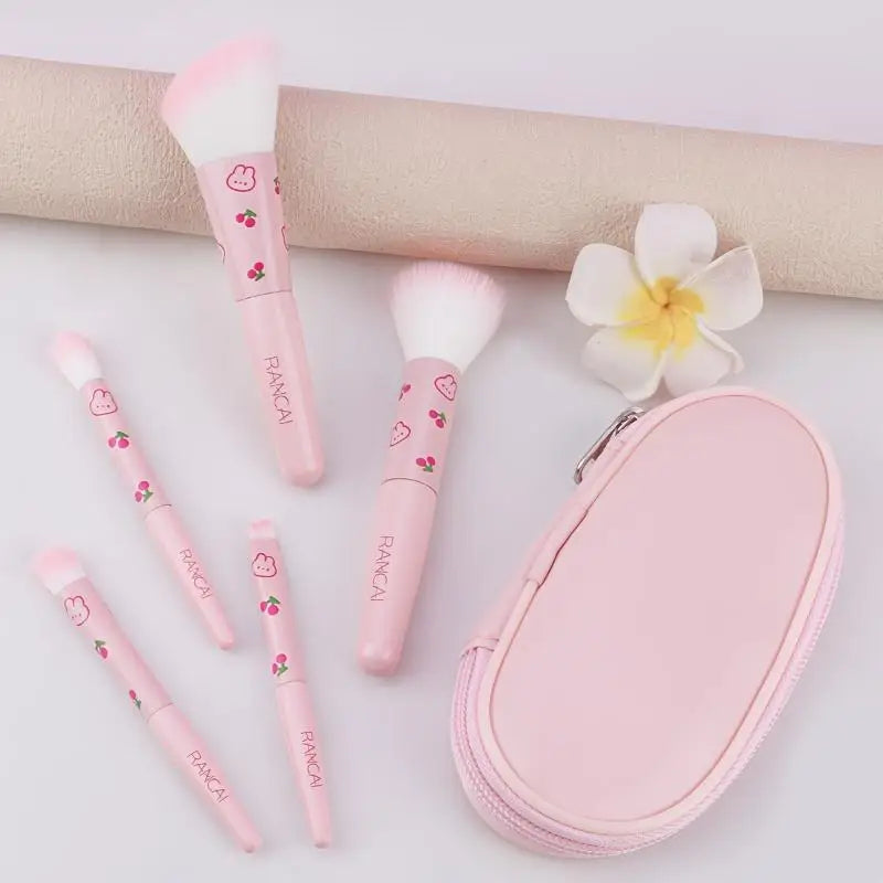 Z. 5pcs Cute Compact Makeup Brush Set With Case Premium Brush For Flawless Foundation, Blush, Eyeshadow Application Beauty Tools