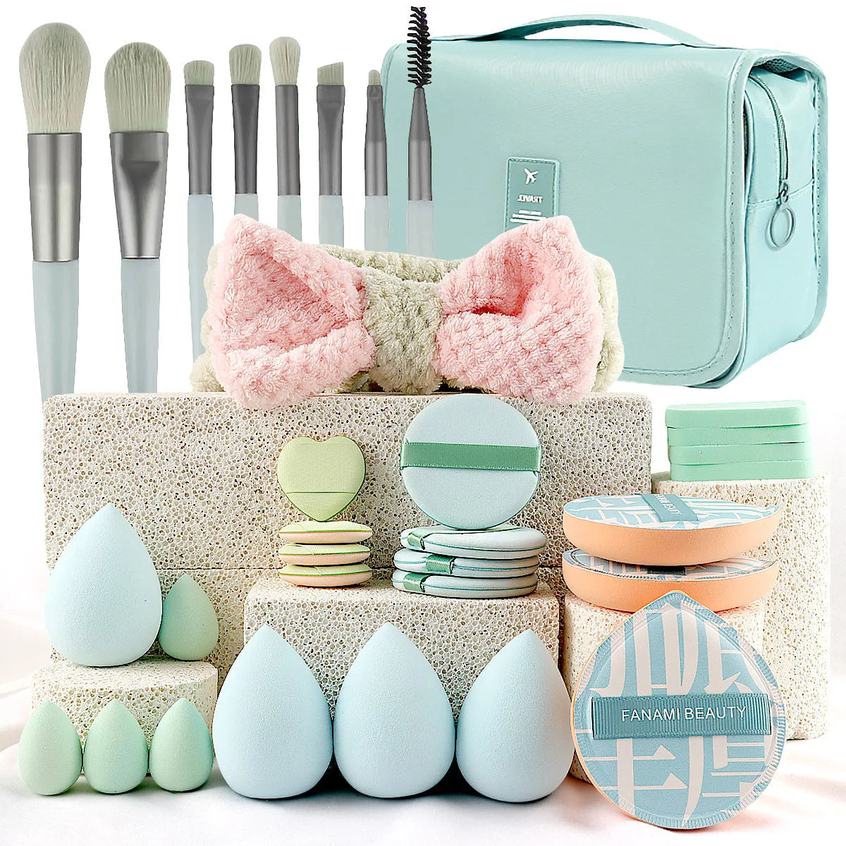 Multi piece set of beauty tools, blue hair with water droplets, powder puff, skin friendly, soft makeup brush, complete set