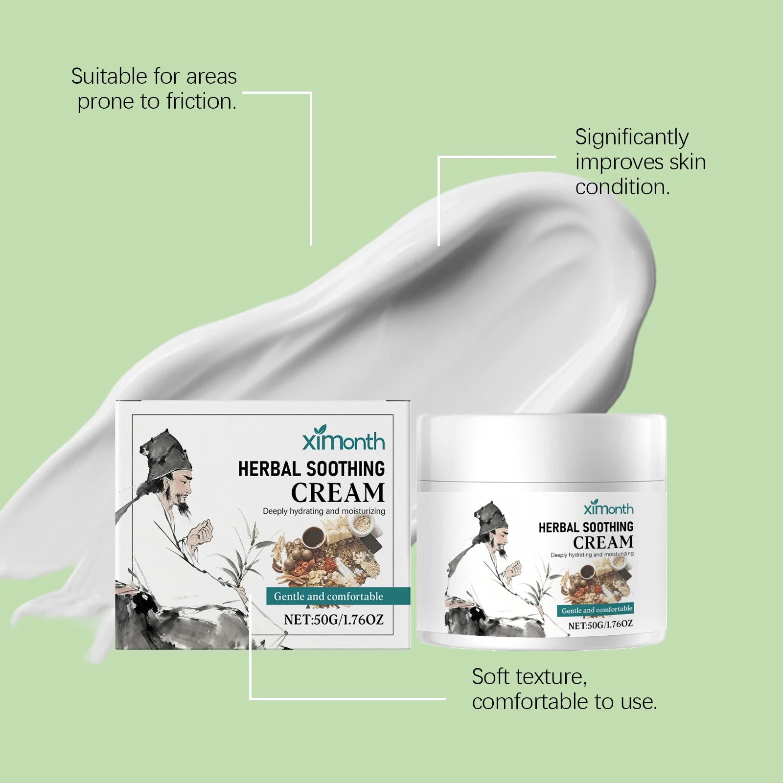 Skin care cream with herbal ingredients, refreshing and moisturizing, gentle, hydrating, and protecting body skin