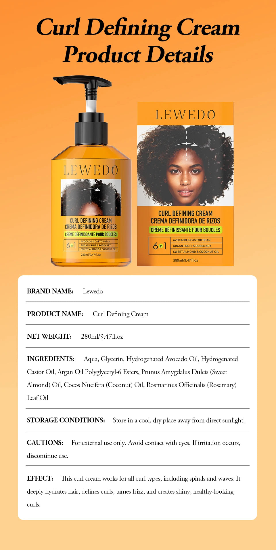280ml Curly Hair Cream Black Castor Oil Moisturizing Hair Styling Cream Hair Smoothing Anti-Frizz Wavy Hair Defining Cream