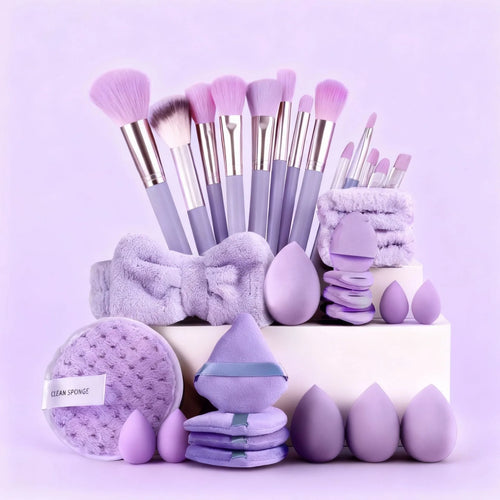 33-piece set: Soft skin-friendly powder puffs, makeup brushes, flocked puffs, water-drop beauty blenders, headbands