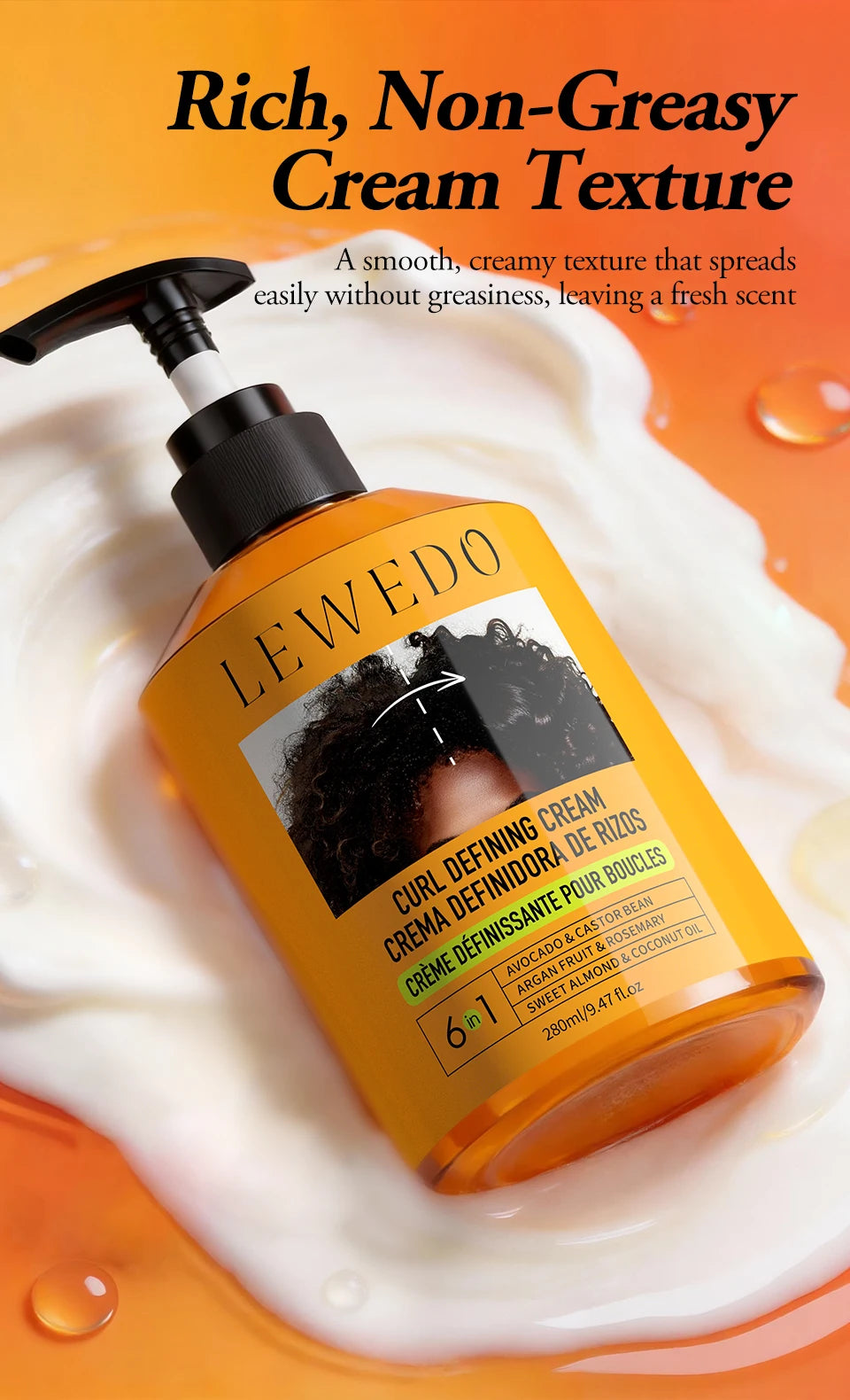 280ml Curly Hair Cream Black Castor Oil Moisturizing Hair Styling Cream Hair Smoothing Anti-Frizz Wavy Hair Defining Cream