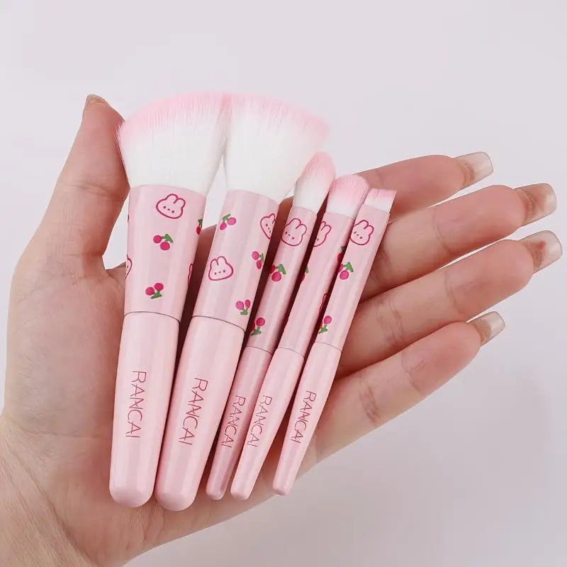 【5Pcs Cute Compact Makeup Brush Set With Case Premium Brush For Flawless Foundation, Blush, Eyeshadow Application Beauty Tools】