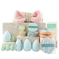 Multi piece set of beauty tools, blue hair with water droplets, powder puff, skin friendly, soft makeup brush, complete set
